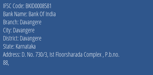 Bank Of India Davangere Branch, Branch Code 008581 & IFSC Code BKID0008581