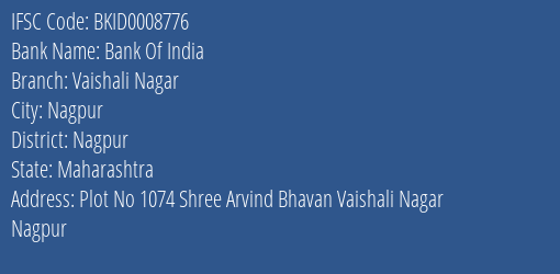 Bank Of India Vaishali Nagar Branch Nagpur IFSC Code BKID0008776