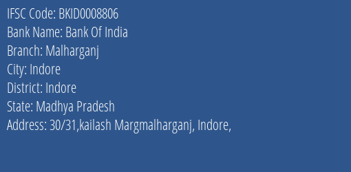 Bank Of India Malharganj Branch Indore IFSC Code BKID0008806