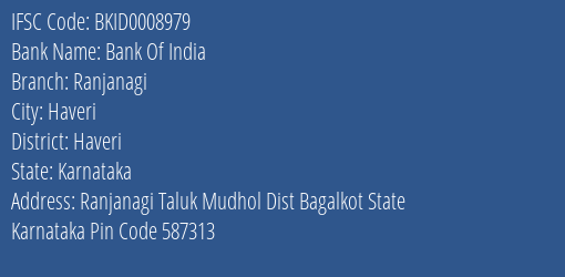 Bank Of India Ranjanagi Branch Haveri IFSC Code BKID0008979
