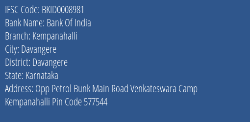 Bank Of India Kempanahalli Branch Davangere IFSC Code BKID0008981