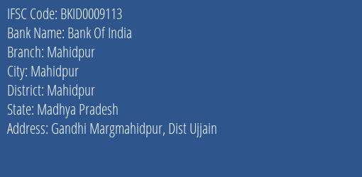 Bank Of India Mahidpur Branch Mahidpur IFSC Code BKID0009113