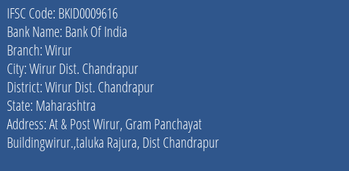 Bank Of India Wirur Branch Wirur Dist. Chandrapur IFSC Code BKID0009616