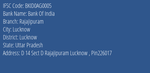 Bank Of India Rajajipuram Branch Lucknow IFSC Code BKID0AG0005