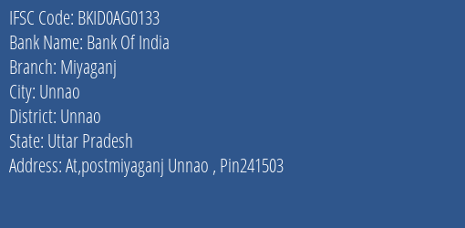 Bank Of India Miyaganj Branch Unnao IFSC Code BKID0AG0133