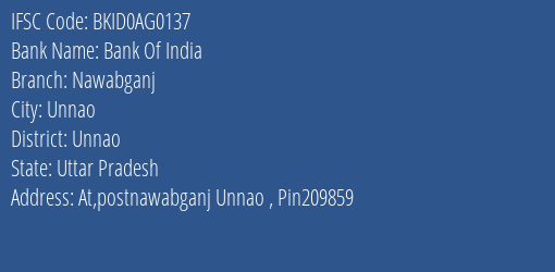 Bank Of India Nawabganj Branch Unnao IFSC Code BKID0AG0137