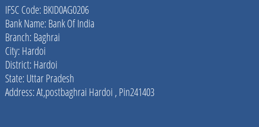 Bank Of India Baghrai Branch Hardoi IFSC Code BKID0AG0206