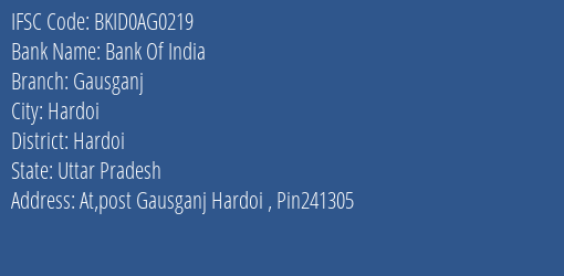 Bank Of India Gausganj Branch Hardoi IFSC Code BKID0AG0219