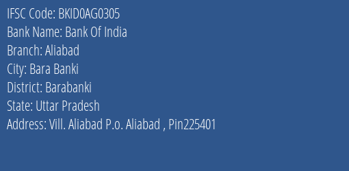 Bank Of India Aliabad Branch Barabanki IFSC Code BKID0AG0305
