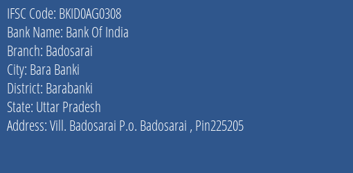 Bank Of India Badosarai Branch Barabanki IFSC Code BKID0AG0308
