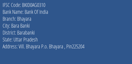 Bank Of India Bhayara Branch Barabanki IFSC Code BKID0AG0310