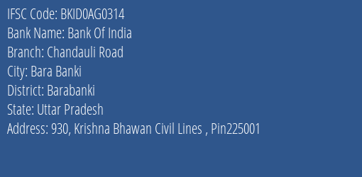 Bank Of India Chandauli Road Branch Barabanki IFSC Code BKID0AG0314