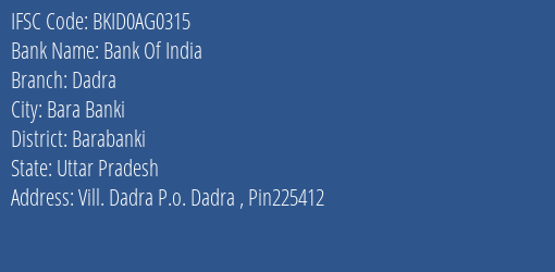 Bank Of India Dadra Branch Barabanki IFSC Code BKID0AG0315