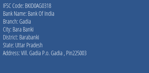 Bank Of India Gadia Branch Barabanki IFSC Code BKID0AG0318