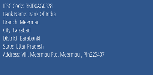 Bank Of India Meermau Branch Barabanki IFSC Code BKID0AG0328