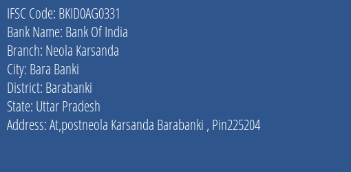 Bank Of India Neola Karsanda Branch, Branch Code AG0331 & IFSC Code Bkid0ag0331