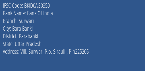 Bank Of India Surwari Branch Barabanki IFSC Code BKID0AG0350