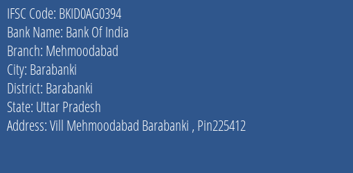 Bank Of India Mehmoodabad Branch Barabanki IFSC Code BKID0AG0394