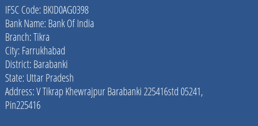 Bank Of India Tikra Branch Barabanki IFSC Code BKID0AG0398