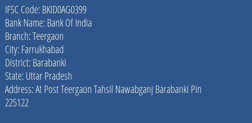 Bank Of India Teergaon Branch Barabanki IFSC Code BKID0AG0399