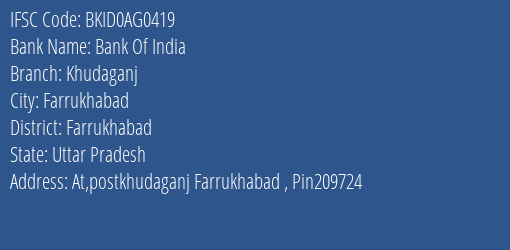 Bank Of India Khudaganj Branch Farrukhabad IFSC Code BKID0AG0419