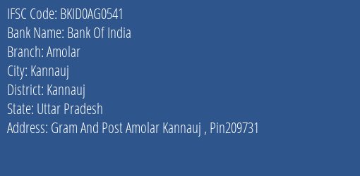 Bank Of India Amolar Branch Kannauj IFSC Code BKID0AG0541
