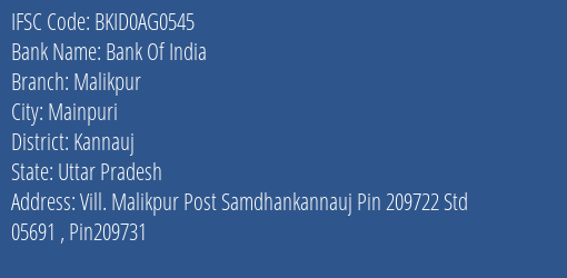 Bank Of India Malikpur Branch Kannauj IFSC Code BKID0AG0545