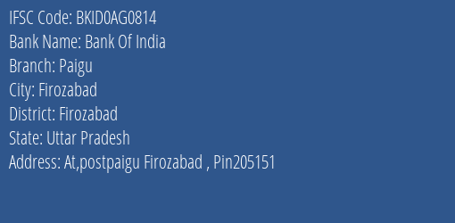 Bank Of India Paigu Branch Firozabad IFSC Code BKID0AG0814
