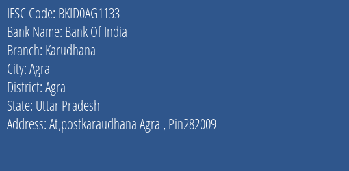 Bank Of India Karudhana Branch Agra IFSC Code BKID0AG1133