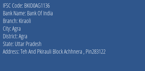 Bank Of India Kiraoli Branch Agra IFSC Code BKID0AG1136
