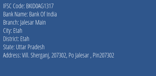 Bank Of India Jalesar Main Branch Etah IFSC Code BKID0AG1317