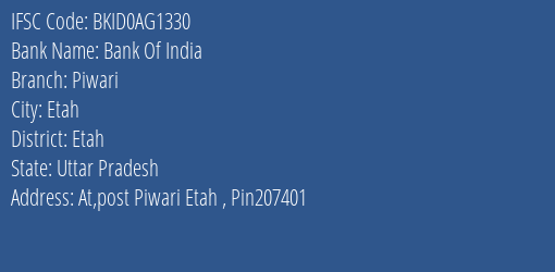 Bank Of India Piwari Branch Etah IFSC Code BKID0AG1330