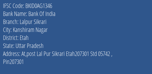 Bank Of India Lalpur Sikrari Branch Etah IFSC Code BKID0AG1346