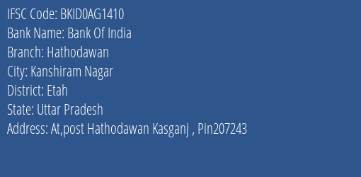 Bank Of India Hathodawan Branch Etah IFSC Code BKID0AG1410