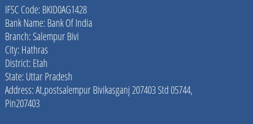 Bank Of India Salempur Bivi Branch Etah IFSC Code BKID0AG1428