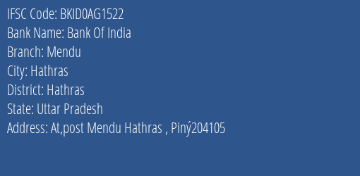 Bank Of India Mendu Branch Hathras IFSC Code BKID0AG1522
