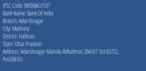 Bank Of India Adarshnagar Branch Hathras IFSC Code BKID0AG1537