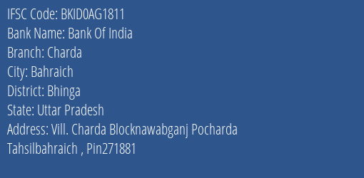 Bank Of India Charda Branch Bhinga IFSC Code BKID0AG1811