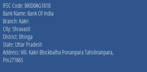 Bank Of India Kakri Branch Bhinga IFSC Code BKID0AG1818