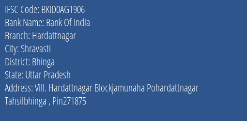 Bank Of India Hardattnagar Branch Bhinga IFSC Code BKID0AG1906