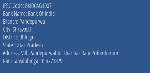 Bank Of India Pandepurwa Branch Bhinga IFSC Code BKID0AG1907