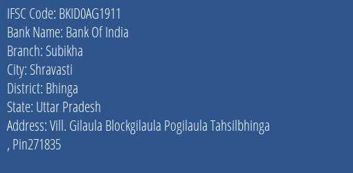 Bank Of India Subikha Branch Bhinga IFSC Code BKID0AG1911
