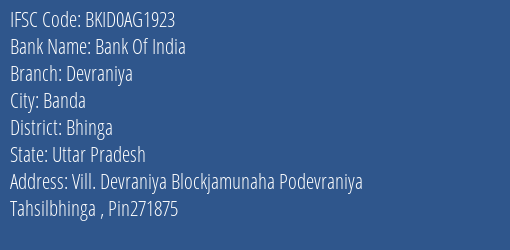 Bank Of India Devraniya Branch Bhinga IFSC Code BKID0AG1923
