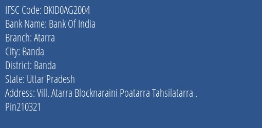 Bank Of India Atarra Branch Banda IFSC Code BKID0AG2004