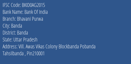Bank Of India Bhavani Purwa Branch Banda IFSC Code BKID0AG2015