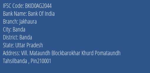 Bank Of India Jakhaura Branch Banda IFSC Code BKID0AG2044