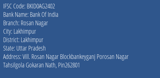 Bank Of India Rosan Nagar Branch Lakhimpur IFSC Code BKID0AG2402