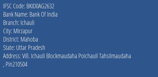 Bank Of India Ichauli Branch Mahoba IFSC Code BKID0AG2632