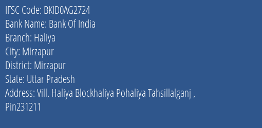 Bank Of India Haliya Branch Mirzapur IFSC Code BKID0AG2724