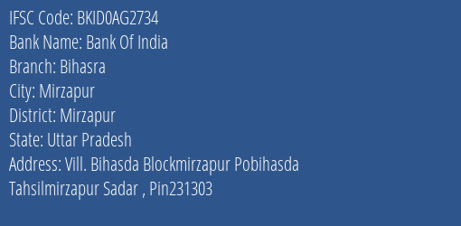 Bank Of India Bihasra Branch Mirzapur IFSC Code BKID0AG2734